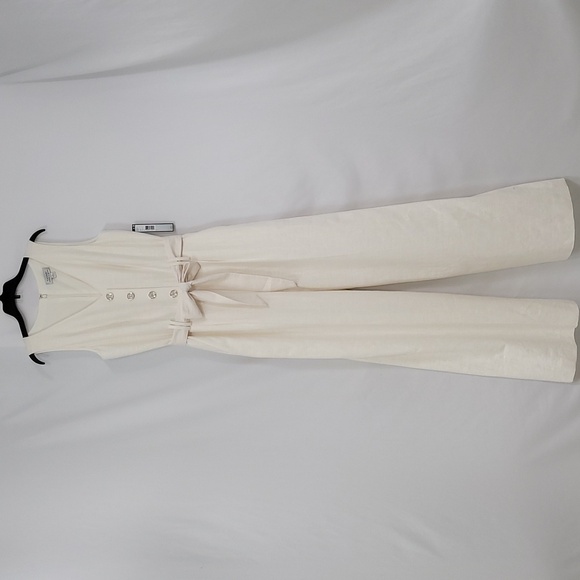 TAHARI Asl Linen Front Button Wide Leg Ivory Jumpsuit - Picture 14 of 17
